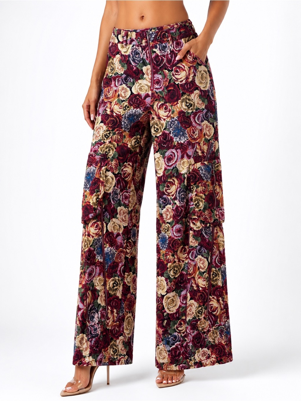 AKIRA Floral Tapestry Cargo Wide Leg Pants Red Multi NWT